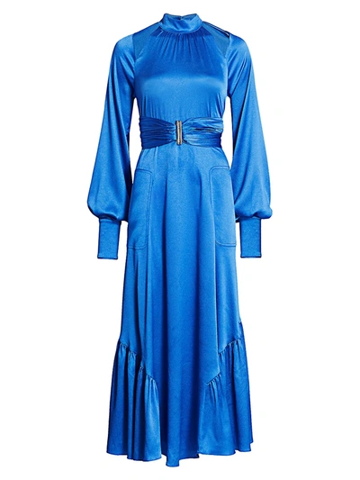 Shop Alexis Calypsa Satin Long-sleeve Flare Dress In Azure Blue