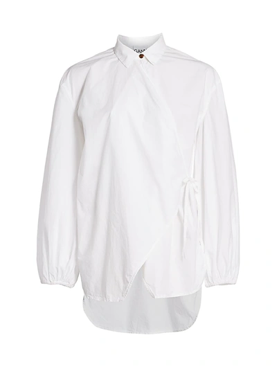 Shop Ganni Oversized Cotton Poplin Wrap Shirt In Bright White