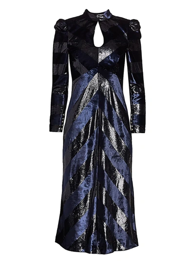 Shop Rebecca Vallance Maison Lurex & Velvet Stripe Midi Dress In Ink