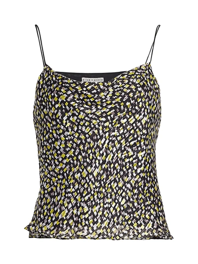 Shop Alice And Olivia Harmon Drapey Print Chiffon-silk Slip Tank Top In Neon Yellow Multi