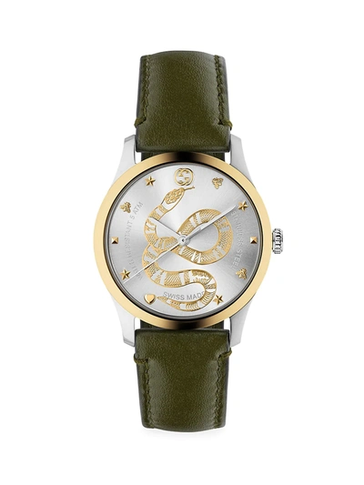 Shop Gucci Men's Unisex G-timeless King Snake Leather Strap Stainless Steel Watch In Green