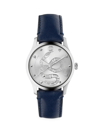Shop Gucci Men's Unisex G-timeless King Snake Leather Strap Stainless Steel Watch In Blue