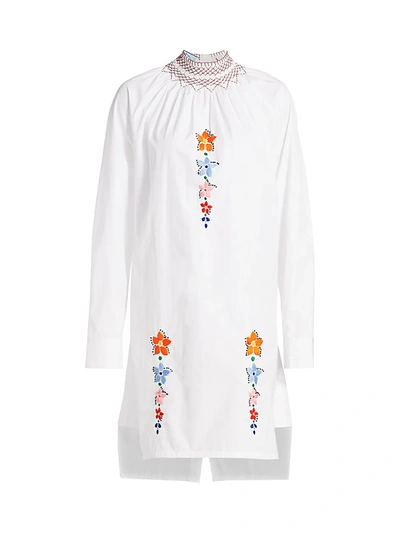 Shop Prada Women's Smock Neck Floral Embroidered Tunic Dress In White