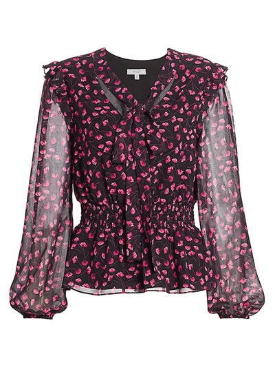 Shop Milly Women's Floral Ruffle-trim Tieneck Blouse In Black Pink