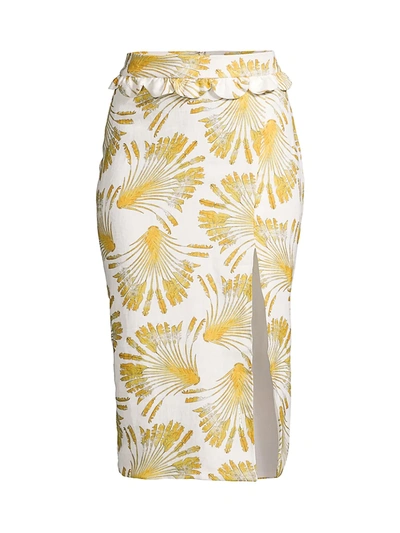 Shop Azulu Arsenal Side-slit Printed Linen Pencil Skirt In Yellow Palm Print