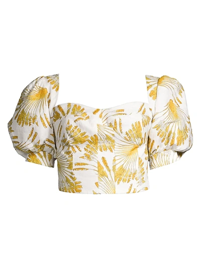 Shop Azulu Coralina Puff-sleeve Printed Linen Bustier Top In Yellow Palm Print