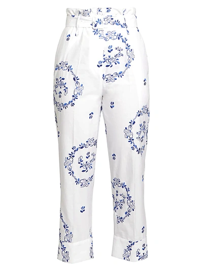 Shop Simone Rocha Embroidered Cotton Poplin Paperbag Trousers In White Blue