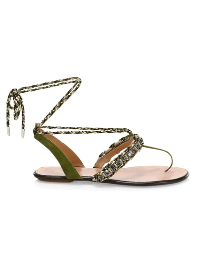 Shop Aquazzura Surf Embellished Braided Suede Sandals In Multi Military