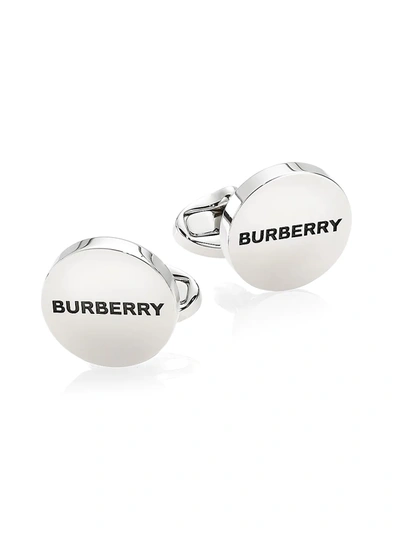 Shop Burberry Men's Logo Engraved Cufflinks In Silver