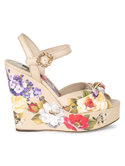 Shop Dolce & Gabbana Women's Floral-print Leather Platform Wedge Sandals In Neutral
