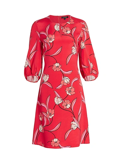 Shop St John Floral Stretch-silk Puff-sleeve Dress In Poppy Multi