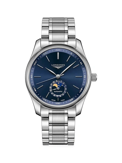 Shop Longines Men's Master Collection Moon Phase 40mm Stainless Steel Bracelet Watch In Blue