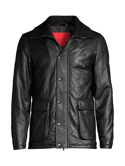 Shop Isaia Men's Diamond Quilted Utility Pocket Leather Coat In Black