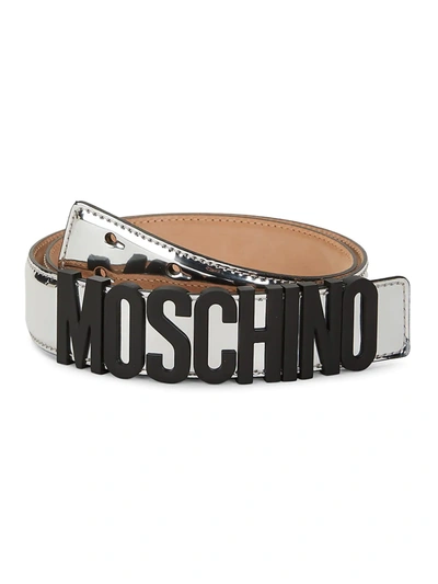 Shop Moschino Logo Metallic Leather Belt In Silver