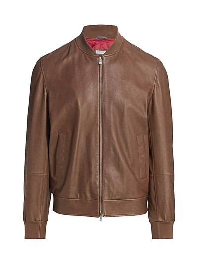 Shop Brunello Cucinelli Men's Soft Leather Bomber Jacket In Brown