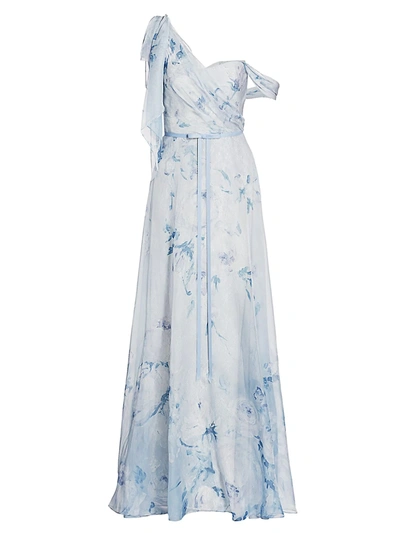 Shop Marchesa Notte One-shoulder Floral Chiffon Pleated Gown In Light Blue