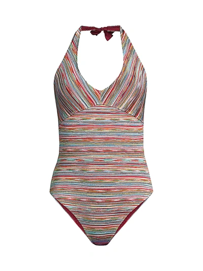 Shop Missoni Metallic Striped Halterneck One-piece Swimsuit In Green