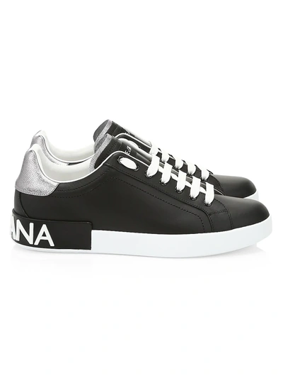 Shop Dolce & Gabbana Men's Portofino Leather Sneakers In Black Silver