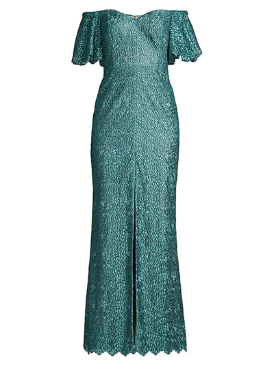 Shop Aidan Mattox Women's Off-the-shoulder Puff-sleeve Petal Evening Gown In Light Green