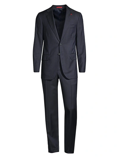 Shop Isaia Aquaspider Strped Classic-fit Wool Suit In Navy