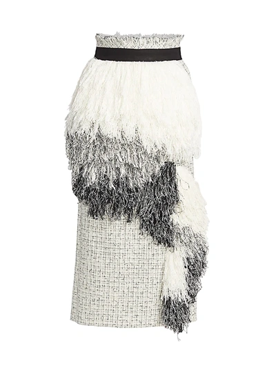 Shop Sacai Women's Fringed Summer Tweed Pencil Skirt In White