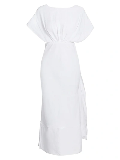 Shop Miu Miu Women's Short-sleeve Open-back Linen Dress In Bianco