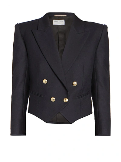 Shop Saint Laurent Women's Cropped Double Breasted Blazer In Marine