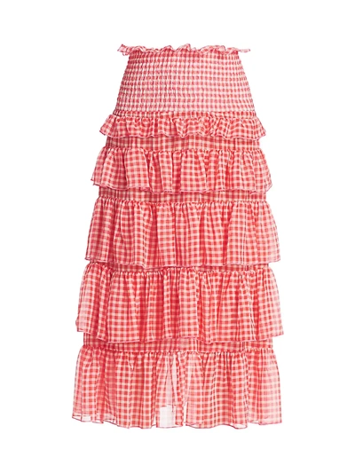 Shop Sandy Liang Choux-choux Gingham Tiered Skirt In Orange Gingham