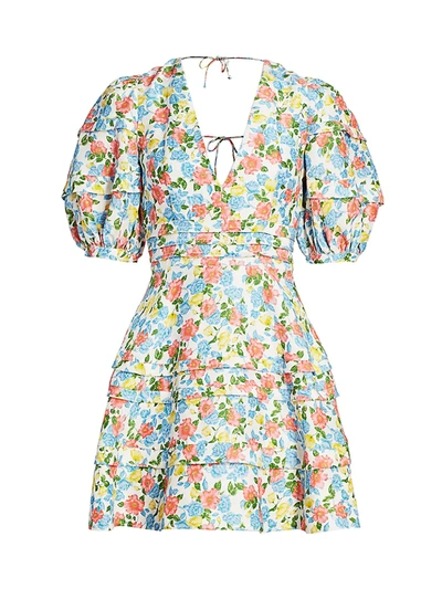 Shop Amur Avian Floral Puff-sleeve Fit & Flare Dress In White Amemone Floral