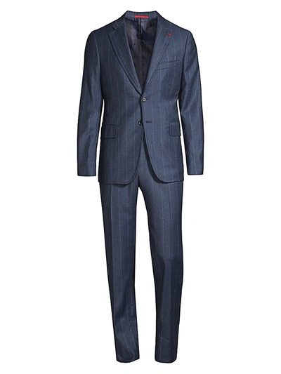 Shop Isaia Men's Saxony Mouline Slim-fit Pinstripe Wool Suit In Blue
