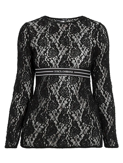 Shop Dolce & Gabbana Women's Logo Stripe Lace Top In Black