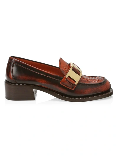 Shop Prada Women's Block-heel Leather Loafers In Arancio