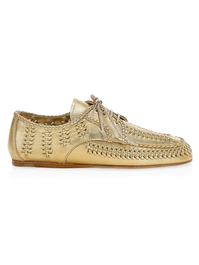 Shop Prada Metallic Woven Leather Derby Loafers In Platino
