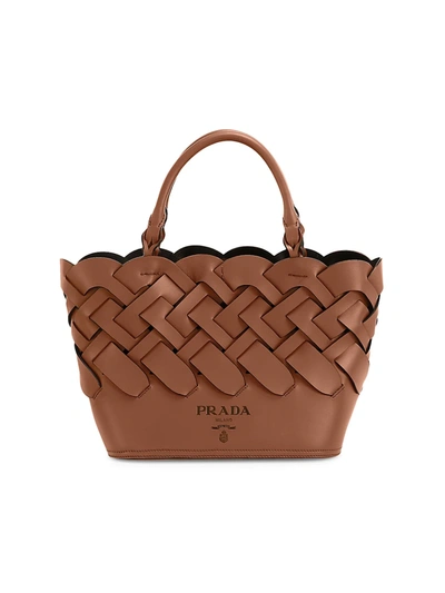 Shop Prada Large Woven Leather Tote In Cognac