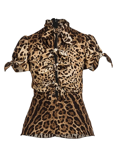 Shop Dolce & Gabbana Leopard-print Charmeuse Knot Tie-front Fitted Blouse In Leopard Print