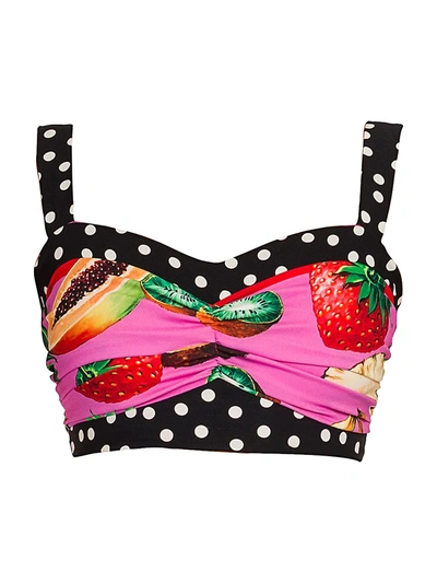 Shop Dolce & Gabbana Polka Dot Trim Fruit-print Charmeuse Bra Top In Pink Multi