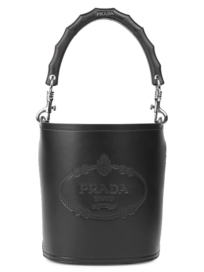 Shop Prada City Heritage Logo Leather Bucket Bag In Black