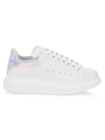 Shop Alexander Mcqueen Women's Oversized Iridescent Logo Leather Sneakers In White Shock Pink