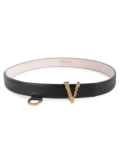 Shop Versace Women's Thin V Logo Leather Belt In Nero
