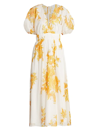 Shop Lela Rose Rose Puff-sleeve Voile Midi Dress In Marigold