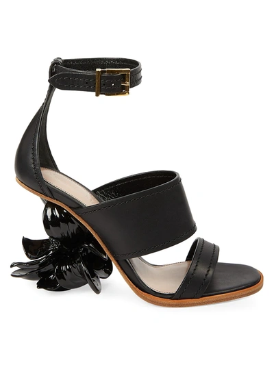 Shop Alexander Mcqueen Women's Floral-heel Leather Sandals In Black Gold