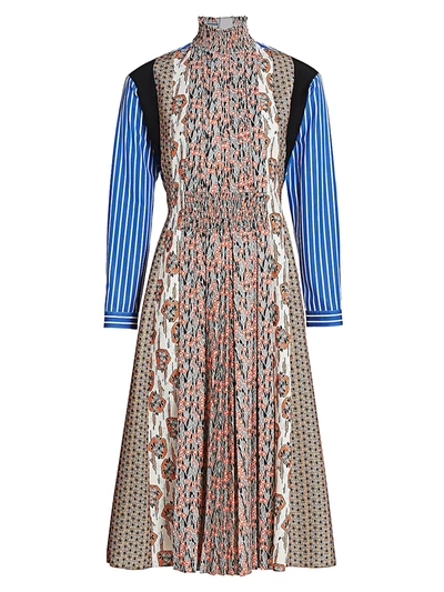Shop Prada Women's Mixed Print Pleated Front Midi Dress In Nero Arancio Caramel
