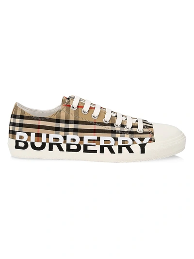 Shop Burberry Men's Larkhall Vintage Check Canvas Sneakers In Archive Beige