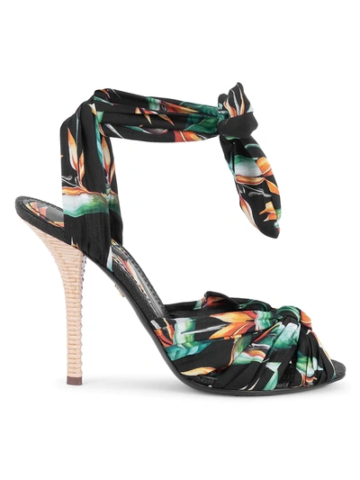 Shop Dolce & Gabbana Floral Silk & Raffia Ankle-bow Sandals In Nero