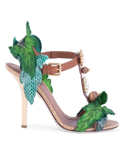 Shop Dolce & Gabbana Women's Embellished Silk, Leather & Snakeskin T-strap Sandals In Green
