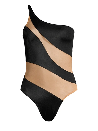Snake Mesh One-shoulder High-cut One-piece Swimsuit In Black