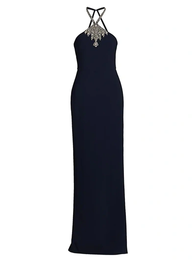 Shop Theia Women's Embellished Halter Crepe Column Gown In Midnight