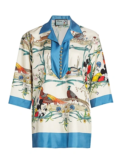 Shop Gucci Women's Mickey & Floral Print Silk Twill Tunic Top In Ivory Blue
