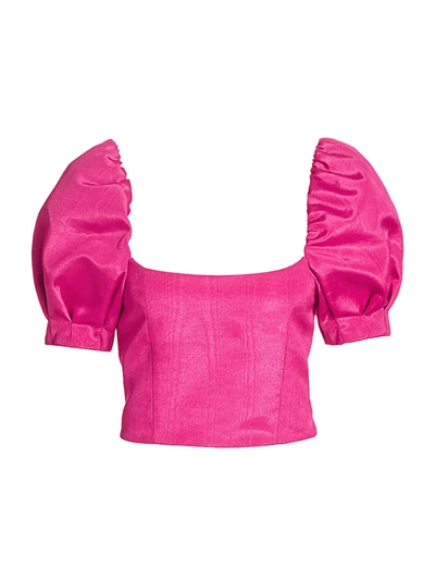 Shop Alice And Olivia Joslyn Puff-sleeve Cropped Top In Wild Pink