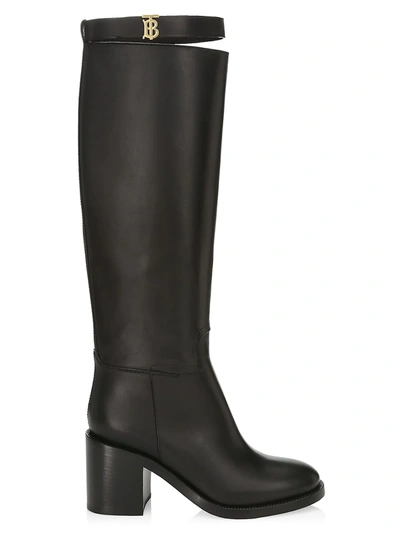 Shop Burberry Women's Tb Monogram Knee-high Leather Boots In Black
